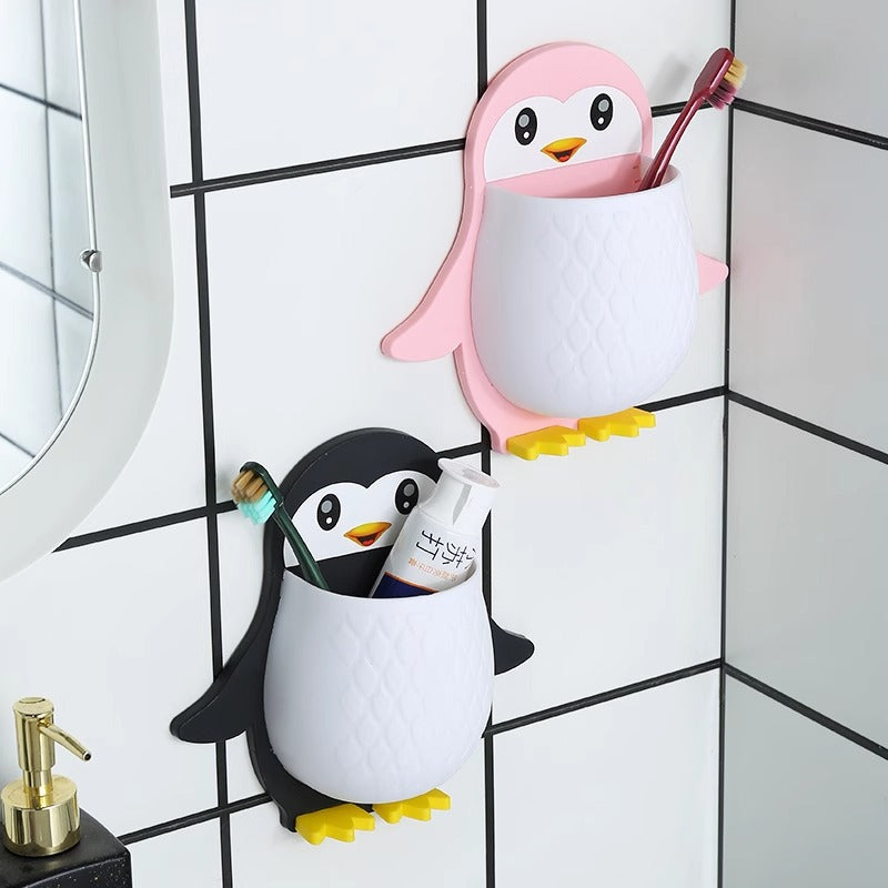 Penguin Shaped Toothbrush Holder Storage Rack Chopsticks Spoon Sundries Makeup Pen Wall Hanging Organizer Box Shelf For Bathroom