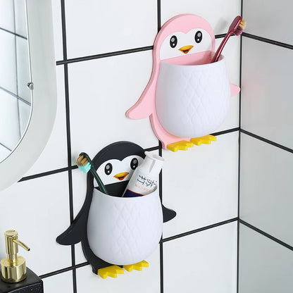 Penguin Shaped Toothbrush Holder Storage Rack Chopsticks Spoon Sundries Makeup Pen Wall Hanging Organizer Box Shelf For Bathroom