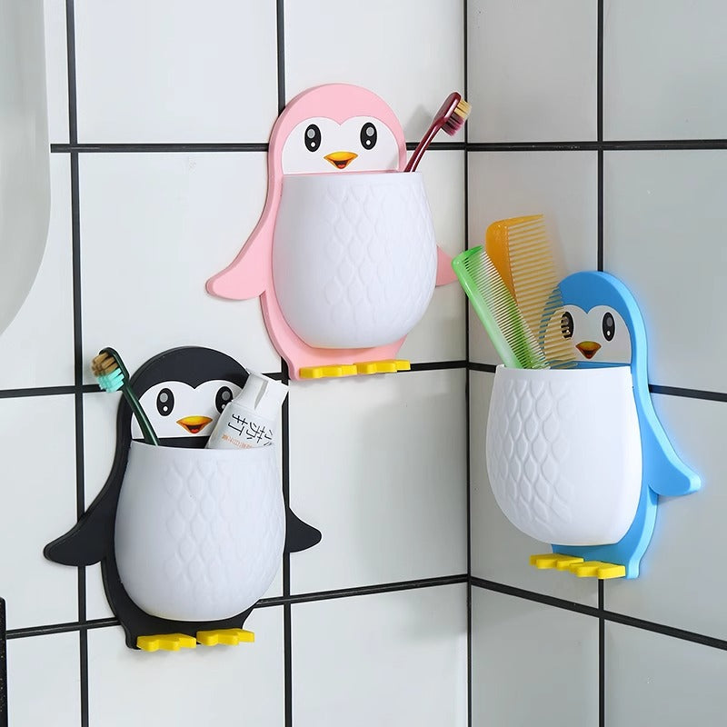 Penguin Shaped Toothbrush Holder Storage Rack Chopsticks Spoon Sundries Makeup Pen Wall Hanging Organizer Box Shelf For Bathroom