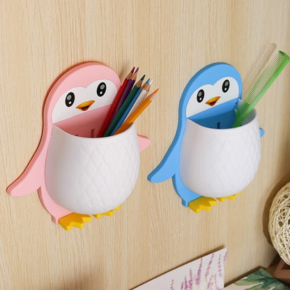 Penguin Shaped Toothbrush Holder Storage Rack Chopsticks Spoon Sundries Makeup Pen Wall Hanging Organizer Box Shelf For Bathroom