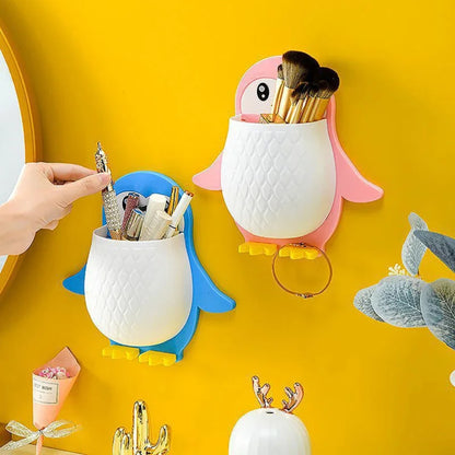 Penguin Shaped Toothbrush Holder Storage Rack Chopsticks Spoon Sundries Makeup Pen Wall Hanging Organizer Box Shelf For Bathroom